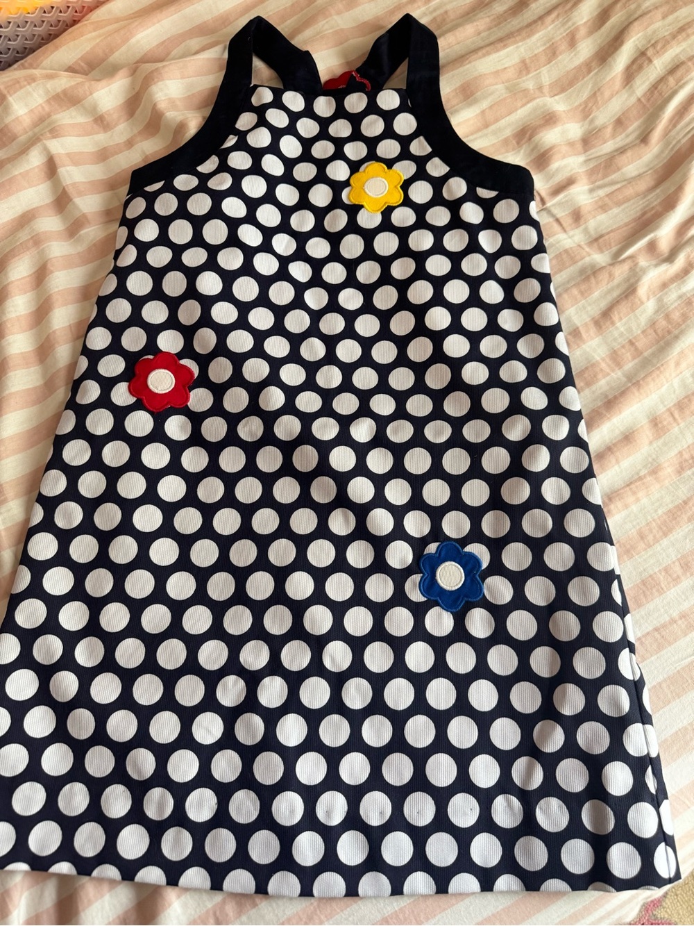 Florence Eiseman Navy Polka Dot Dress with Red Yellow Blue Flower Accents NWT